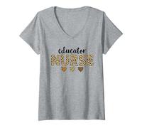 Womens Educator Nurse Leopard Hearts Team Squad Matching V-Neck T-Shirt