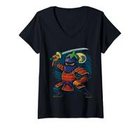 Womens Eggplant Ninja with Sword Full Moon Scene Warrior Funny V-Neck T-Shirt