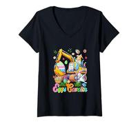 Women's Eggs Cavator Easter Excavator Bunnies Gnome Hunting Eggs V-Neck T-Shirt