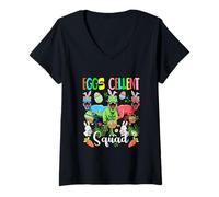 Women's Eggs Cellent Squad Three Easter Bunny Dinosaur Hunting Eggs V-Neck T-Shirt