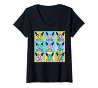 Women's Egyptian Mau Pop Art Cat Bow Tie Color Grid V-Neck T-Shirt