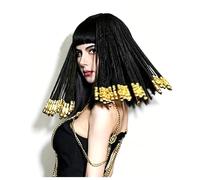 Women's Egyptian Queen Costume Wig for Cleopatra Black Braided Wig with Gold Beads for Halloween Cosplay Accessory