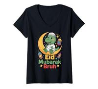 Women's Eid Mubarak Bruh Funny Dinosaur Kids Eid Al Fitr Boys V-Neck T-Shirt