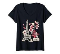 Womens Eiffel Tower Paris Cherry Blossom V-Neck T-Shirt