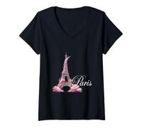 Womens Eiffel Tower Paris Design with Cherry Blossom Aesthetic V-Neck T-Shirt