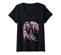 Womens Eiffel Tower with Cherry Blossom Paris France Romantic Art V-Neck T-Shirt