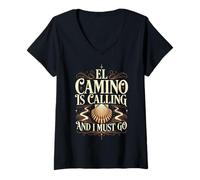 Women's El Camino is Calling and I Must Go Vintage Shell Quote Spain V-Neck T-Shirt