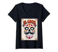 Womens El Loco - Crazy Sugar Skull Día de los Muertos V-Neck T-Shirt
