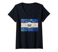 Women's El Salvador Floral Flag Art Central America Emblem V-Neck T-Shirt