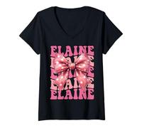 Womens Elaine Name Coquette Bow Aesthetic for Women Girls V-Neck T-Shirt