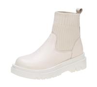 Women's Elastic Chelsea Ankle Boots Fashion Low Chunky Heel Platform Short Booties Fall Winter Slip on Round Toe Faux Leather Waterproof Dress Shoes Beige Footwear Gift Size 4