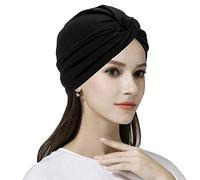 Womens Elastic Cotton Cross Beanie Cap Stretchy Turban Head Scarf Hat Soft Chemo Hair Loss Head Wear Wrap Pleated Front Tie Headband Night Sleep Cap Slouchy Skull Hat for Ladies Girls Solid Color
