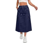 Women's Elastic Drawstring Waist Cargo Midi Skirt, Casual A-Line Skirt with Back Slit Long Multi Pockets, Streetwear Maxi Women Cargo Y2K Vintage Low Waist Button Mini Denim Short with Pockets Navy