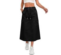 Women's Elastic Drawstring Waist Cargo Midi Skirt, Casual A-Line Skirt with Back Slit Long Multi Pockets, Streetwear Maxi Women Cargo Y2K Vintage Low Waist Button Mini Denim Short with Pockets Black