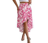 Womens Elastic High Waisted Floral Print Ruffle Asymmetrical Hem Long Skirts Flowy Summer Beach Wrap Skirt Rose Red