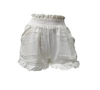 Women's Elastic Loose Ruffle Wide-Leg Short Flare Elastic Solid Linen Shorts Waisted Straight Ruffle Hem Shorts (White,M)