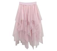 Womens Elastic Waist Asymmetrical High Low Tulle Skirts Layered Pleated A-line Long Skirts Party Mesh Midi Skirts Pink
