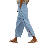 Women's Elastic Waist Beach Pants - Solid Color Cotton Linen Blend Trousers with Comfortable Seven-Eighths Length Elasticated Waist Joggers Palazzo Pants Light Blue