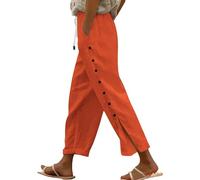 Women's Elastic Waist Beach Pants - Solid Color Cotton Linen Blend Trousers with Comfortable Seven-Eighths Length Elasticated Waist Joggers Palazzo Pants Orange