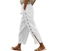 Women's Elastic Waist Beach Pants - Solid Color Cotton Linen Blend Trousers with Comfortable Seven-Eighths Length Elasticated Waist Joggers Palazzo Pants White