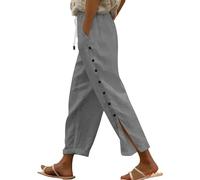 Women's Elastic Waist Beach Pants - Solid Color Cotton Linen Blend Trousers with Comfortable Seven-Eighths Length Elasticated Waist Joggers Palazzo Pants Grey