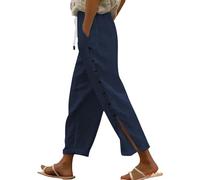 Women's Elastic Waist Beach Pants - Solid Color Cotton Linen Blend Trousers with Comfortable Seven-Eighths Length Elasticated Waist Joggers Palazzo Pants Navy