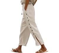 Women's Elastic Waist Beach Pants - Solid Color Cotton Linen Blend Trousers with Comfortable Seven-Eighths Length Elasticated Waist Joggers Palazzo Pants Beige