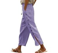 Women's Elastic Waist Beach Pants - Solid Color Cotton Linen Blend Trousers with Comfortable Seven-Eighths Length Elasticated Waist Joggers Palazzo Pants Purple