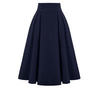 Women's Elastic Waist Flared A line Midi Skirt with Button Vintage Basic Uniform Pleated Skater Skirts Knee Length Pleated Midi Skirt for Women Solid Plain Trendy Versatile Basic Casual Skirts Blue