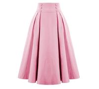 Women's Elastic Waist Flared A line Midi Skirt with Button Vintage Basic Uniform Pleated Skater Skirts Knee Length Pleated Midi Skirt for Women Solid Plain Trendy Versatile Basic Casual Skirts Pink