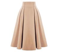 Women's Elastic Waist Flared A line Midi Skirt with Button Vintage Basic Uniform Pleated Skater Skirts Knee Length Pleated Midi Skirt for Women Solid Plain Trendy Versatile Basic Casual Skirts Khaki