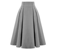 Women's Elastic Waist Flared A line Midi Skirt with Button Vintage Basic Uniform Pleated Skater Skirts Knee Length Pleated Midi Skirt for Women Solid Plain Trendy Versatile Basic Casual Skirts Grey