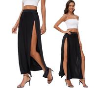Women's Elastic Waist High Split Wrap Flowy Long Maxi Skirt Plain Side Slit Beach Party Maxi Skirts Renaissance Costume, Black, S