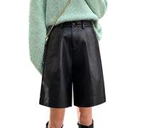 Womens Elastic Waist PU Leather Bermuda Shorts Casual Loose Straight Leg Midi Shorts Pants Knee Length Black