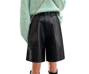 Womens Elastic Waist PU Leather Bermuda Shorts Casual Loose Straight Leg Midi Shorts Pants Knee Length Black