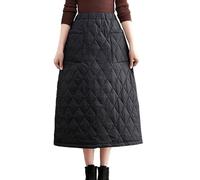 Women's Elastic Waist Quilted Skirt, Winter Warm Padded Quilted Midi Long Puffer Insulated Skirt with Pocket (Black-Plaid,XL)