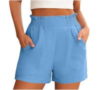 Women's Elastic Waist Shorts with Pockets Quick Dry Casual Flowy Linen Shorts with High Waist Solid Color Wide Leg Loose Half Pants Summer Lightweight Sports Short