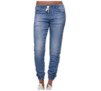 Womens Elasticated Cuffed Jeans Drawstring Pull On Comfy Denim Bloomers Activewear Trousers Classic Distressted Heavy Duty Work Denim Sport Pants for Women Running Jogger Sweatpants with Pockets