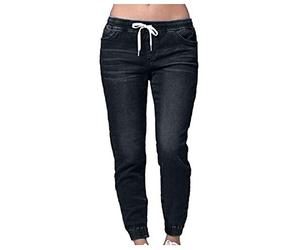 Womens Elasticated Cuffed Jeans Drawstring Pull On Comfy Denim Bloomers Activewear Trousers Classic Distressted Heavy Duty Work Denim Sport Pants for Women Running Jogger Sweatpants with Pockets
