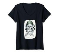 Womens Elder Emo Skeleton with Beanie Black Rose Gothic V-Neck T-Shirt