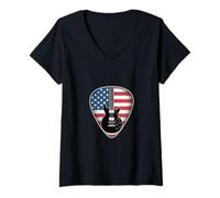 Womens Electric Guitar with American Flag Pick Patriotic Music V-Neck T-Shirt