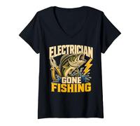 Women's Electrician Gone Fishing Bass Angling Humor V-Neck T-Shirt