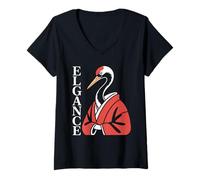 Women's Elegance Japanese Crane Red White Bird Kimono V-Neck T-Shirt