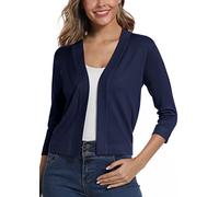 Women's Elegant 3/4 Sleeve Open Front Sweater Solid Cropped Shrug Cardigan (L, Navy Blue)