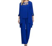 Women's Elegant 3/4 Sleeve top Loose Pants Three piece Solid Color Party Set Large Size Bridal Wedding Set Evening Dress Set Guest Dress (Blue,L)