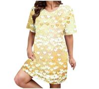 Women's Elegant Bathrobe Lightweight Sleep Shirt Print Sleepwear Comfortable Short Sleeve Pyjamas Oversize Loungewear Casual Pyjamas Medium Length Sleep Shirt Scoop Neck Sleepwear, yellow, 3XL