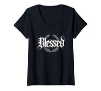 Women's Elegant Blessed Motivational Typography Design with Laurel V-Neck T-Shirt