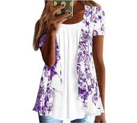 Womens Elegant Blouses Summer Mock 2 Piece Ladies Tops Floral Printed Pleated Round Neck Short Sleeve T Shirts Loose Fit Shirts Tops for Casual Vacation Holiday