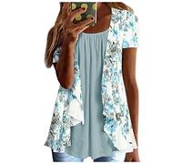 Womens Elegant Blouses Summer Mock 2 Piece Ladies Tops Floral Printed Pleated Round Neck Short Sleeve T Shirts Loose Fit Shirts Tops for Casual Vacation Holiday