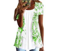 Womens Elegant Blouses Summer Mock 2 Piece Ladies Tops Floral Printed Pleated Round Neck Short Sleeve T Shirts Loose Fit Shirts Tops for Casual Vacation Holiday